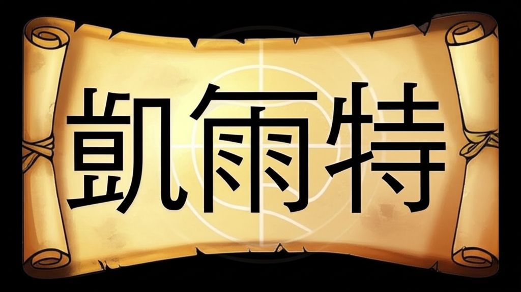 古希臘羅馬卷軸轉化為中文『凱爾特』字樣，背景隱約可見籃球圖案，象徵詞彙的跨文化應用
