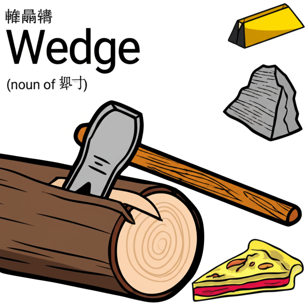 木楔劈開原木的插圖，以及門擋、楔形岩層等楔形物體，展示「wedge」作為名詞的多種應用