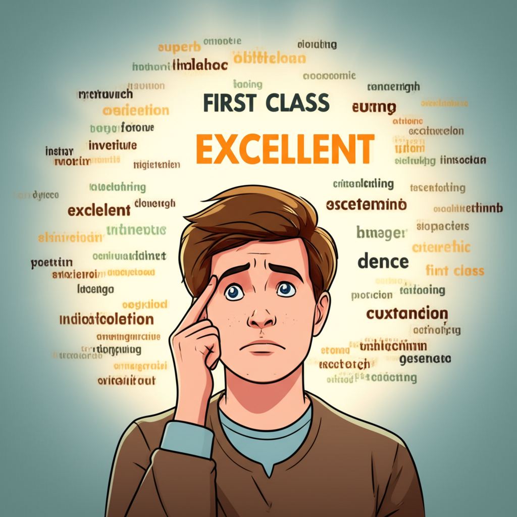 學習英文者理解excellent一詞的啟發瞬間，周圍浮現多種中文翻譯與應用情境