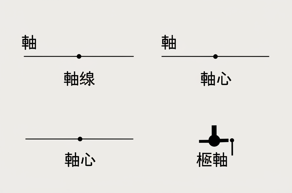 四種中文翻譯對應的視覺化解釋:旋轉線、空間線、中心點與樞紐