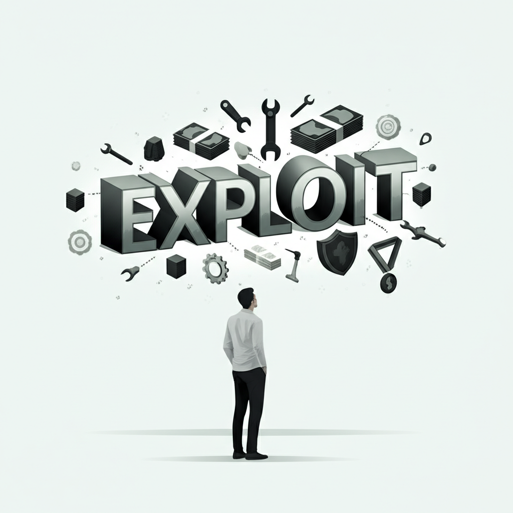 插畫描繪一個人看著「exploit」這個多面向的詞彙，周圍浮現工具、金錢、安全盾牌與代表英勇事蹟的勳章，象徵其多重含義