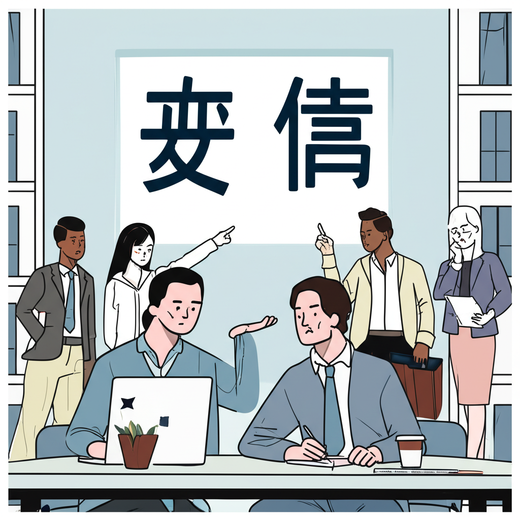 兩位專業人士面對「覆盤」與「復盤」兩個中文字產生困惑，象徵用詞混淆對專業形象的影響