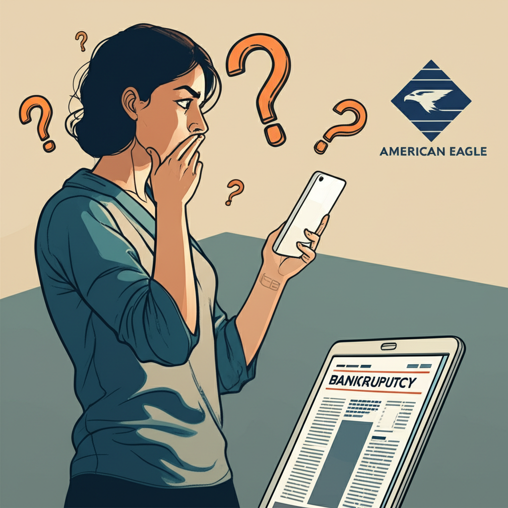 一名消費者困惑地瀏覽關於American Eagle倒閉傳聞的數位新聞，周圍漂浮著問號，背景中品牌標誌若隱若現，象徵公眾疑慮與真相追尋