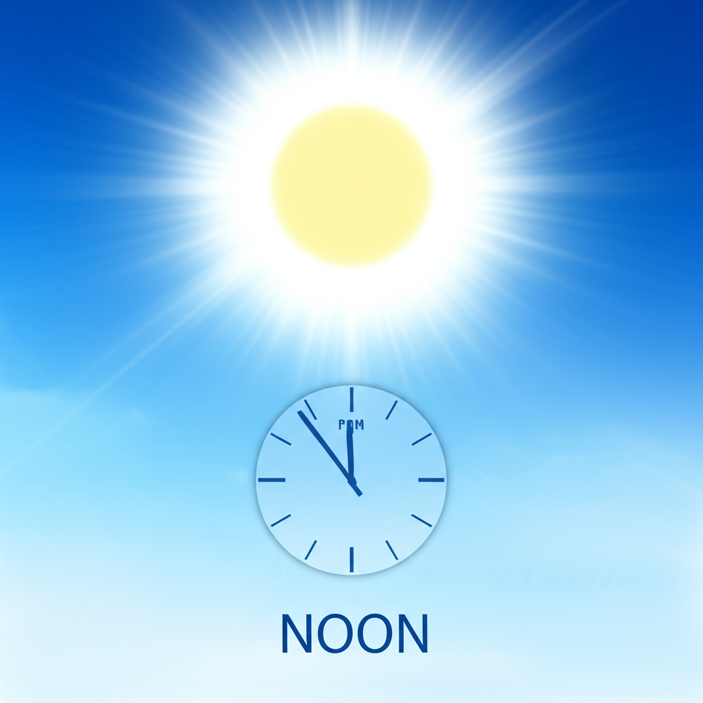 陽光普照的晴天，太陽高掛天頂，時鐘顯示12點整，Noon字樣醒目呈現，象徵一天的精確中點