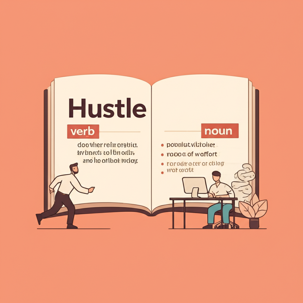 插畫呈現‘Hustle’的詞典條目,以圖示展現其作為動詞與名詞的雙重角色,包含匆忙奔走與努力工作的象徵場景