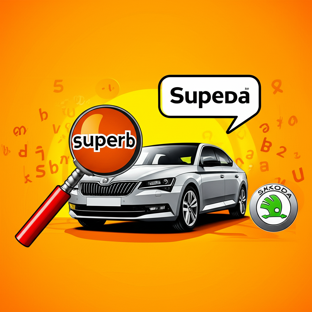 插圖：放大鏡仔細審視‘superb’一詞，旁邊是一輛代表Skoda Superb的流線型汽車，周圍環繞語言元素與品牌標誌，呈現活潑的教育場景