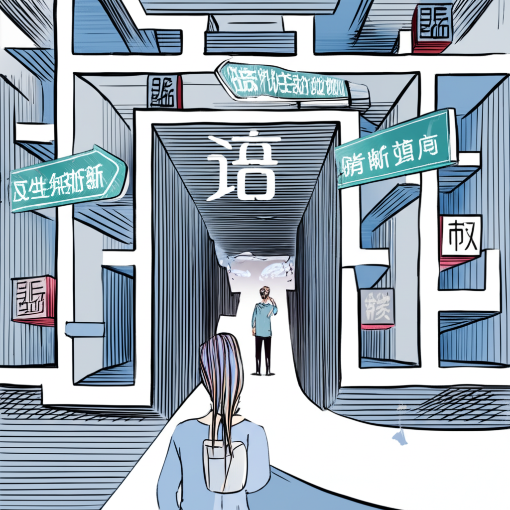 一個人在迷宮中導航，標誌分別指向金融、數學與語言領域，象徵Derivatives在中文中的多義困惑與本文的引導角色