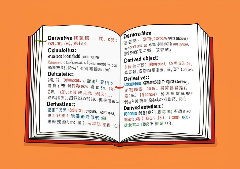 插圖展示一本打開的字典,呈現Derivatives在金融、數學與一般用法中的不同中文翻譯,並附有發音指南與簡易例句