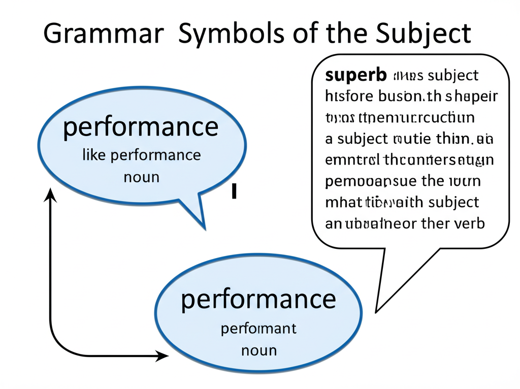 插圖：語法符號與對話框展示‘superb’如何修飾名詞（如performance），以及作為主詞補語置於動詞後的結構，並以箭頭標示語法連結
