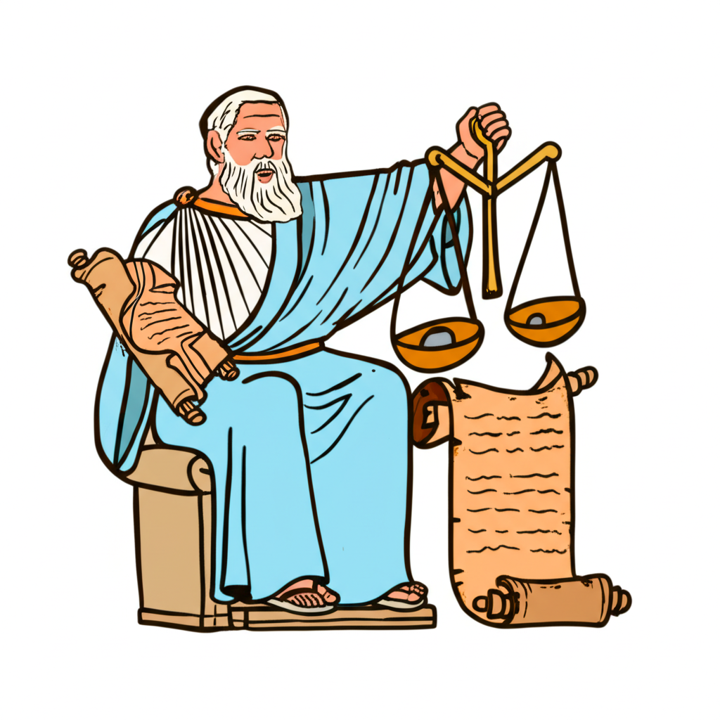 古希臘法官手持天平與卷軸，象徵Criteria一詞源自kriterion，代表判斷的依據