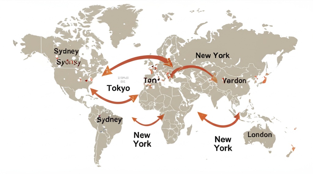 世界地圖標示雪梨、東京、倫敦、紐約四大城市,以箭頭顯示外匯交易活動的連續接力流動
