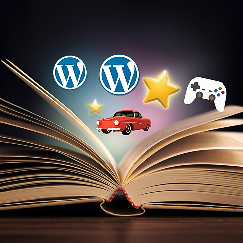 插圖:一本打開的書,書頁中浮現 WordPress 圖示、汽車、星星與遊戲控制器,象徵「Astra」多樣意義的完整指南