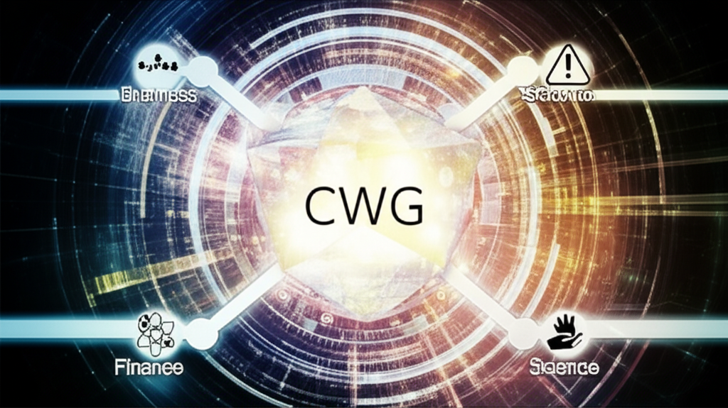 CWG 多重意義視覺化：發光多面晶體核心標示 CWG，周圍環繞數位資料流，延伸出代表商業、金融、人道援助、科學研究與警示符號的分支，風格充滿未來感
