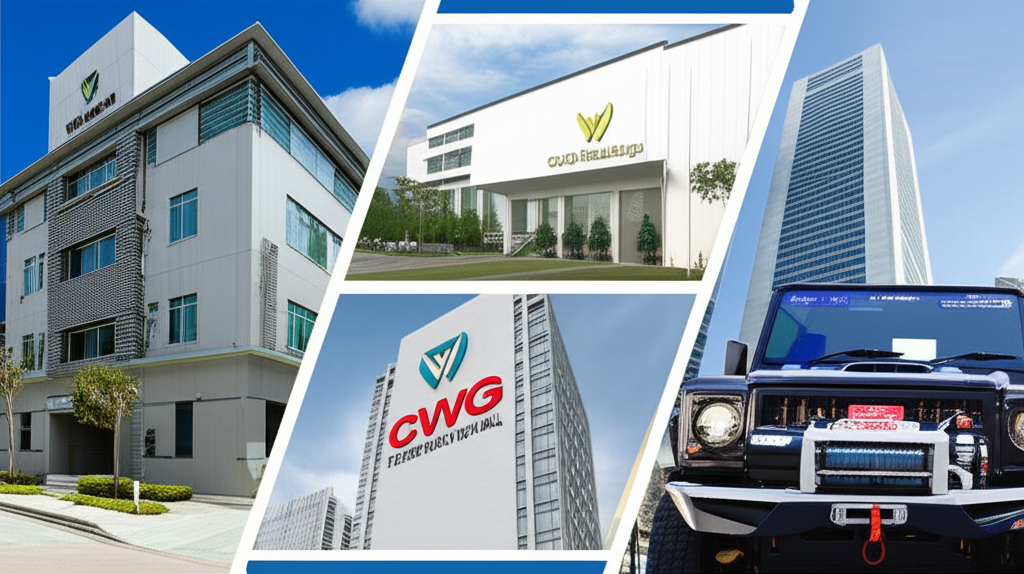 三組場景拼貼：馬來西亞現代化工廠代表 CWG Holdings，香港城市天際線搭配保險標誌象徵 CWG International，越野車裝備 Comeup Winch 展現國際企業多樣性