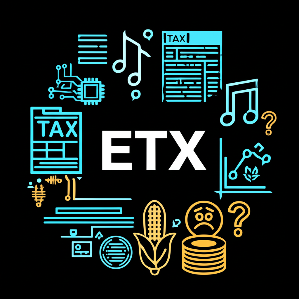 ETX多重含義概念圖：中心為ETX字樣，周圍環繞科技、音樂、稅務、數據、農業與金融圖示，呈現資訊混淆狀態