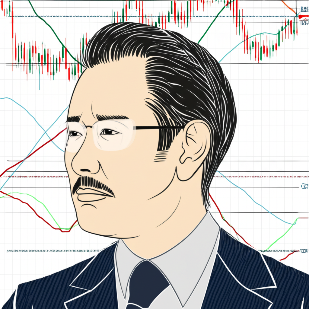 一位沉穩的日本記者凝視著複雜市場圖表，象徵一目均衡表背後的市場哲學與遠見