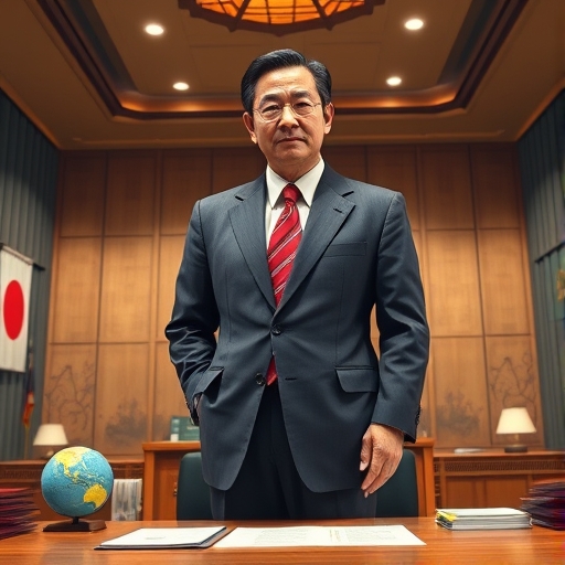 日本財務大臣加藤勝信於國際會議中沉穩發言的模擬畫面