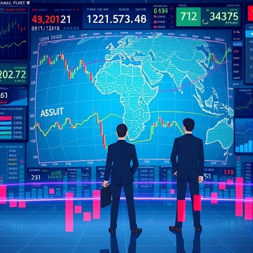 數位風格的全球金融市場畫面,呈現多螢幕交易介面、貨幣符號與即時報價流動效果