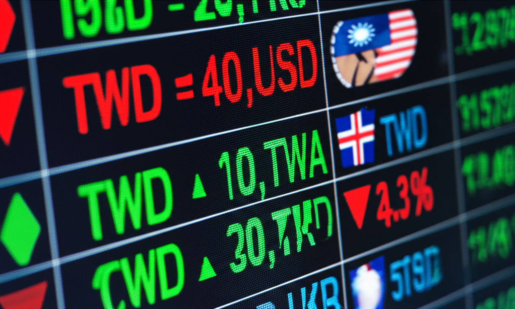 插畫：螢幕顯示美元兌台幣與港幣的即時匯率，動態箭頭呈現波動趨勢，背景為全球金融數據流，象徵匯率實時更新