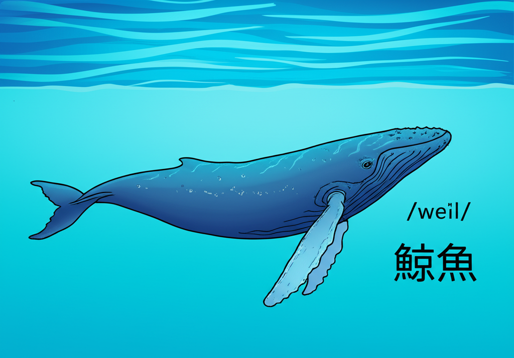 插畫風格，一頭巨大的藍鯨優雅地在海面下遊動，周圍漂浮著國際音標符號 /weɪl/ 與中文字「鯨魚」