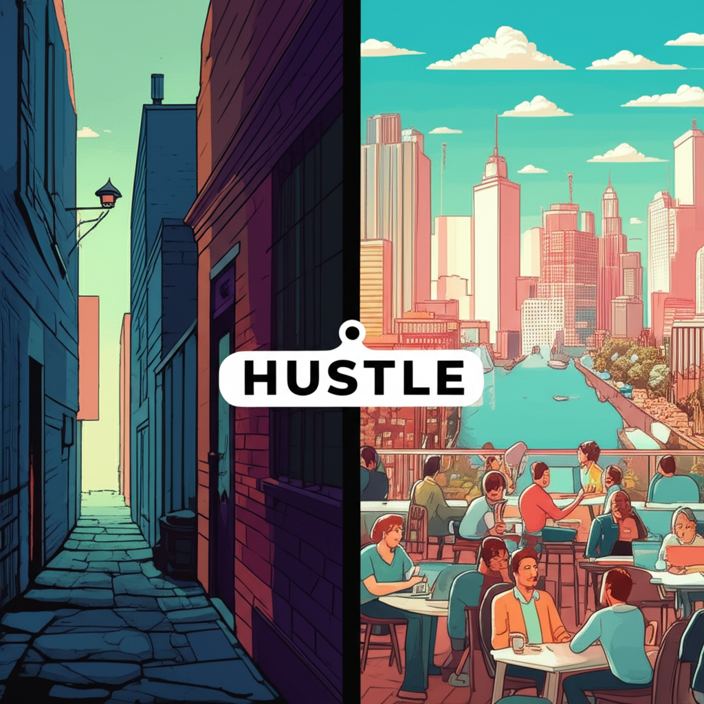 插畫以時間軸呈現‘Hustle’的演變,從暗巷詐騙場景逐步轉為明亮的城市景觀,象徵其從負面起源轉向現代正向的創業與奮鬥精神
