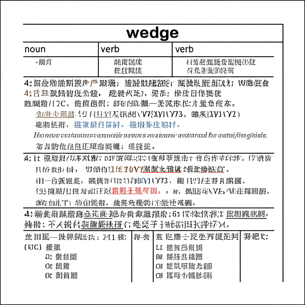字典頁面插圖，展示「wedge」一詞的名詞與動詞形式，並標註中文翻譯與語法分析，呈現教育性風格