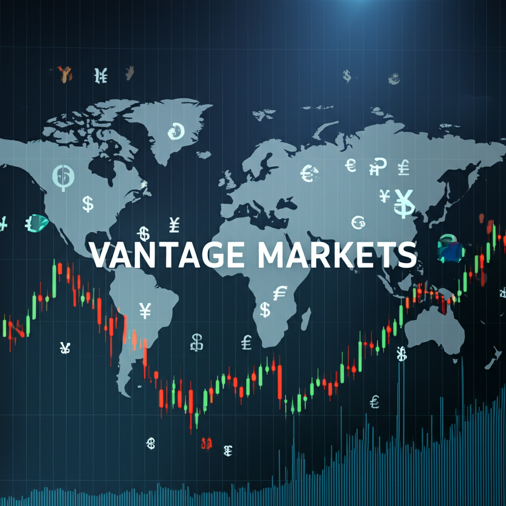 全球金融交易平台示意圖,背景為世界地圖與金融圖表,象徵 Vantage Markets 的國際服務