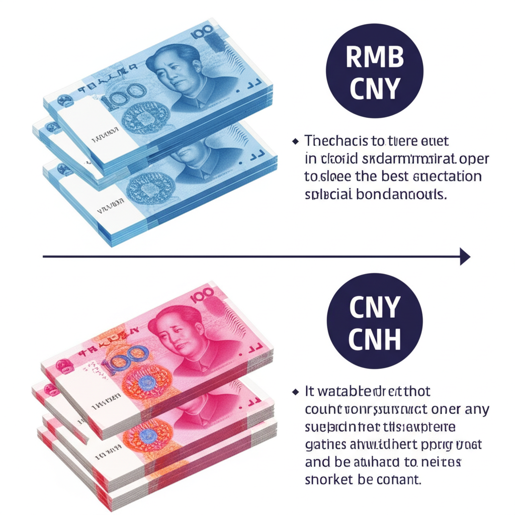 插圖顯示三堆標示RMB、CNY與CNH的貨幣,搭配箭頭與文字說明其使用場景與市場差異