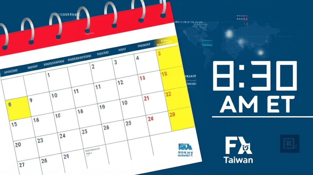 日曆插畫，每月第一個星期五被標亮，數位時鐘顯示美東時間8:30，世界地圖標示台灣與香港的觀看時段，財經媒體標誌可見