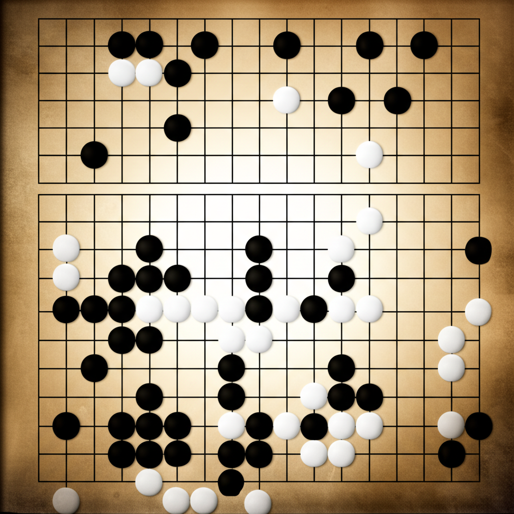 古代圍棋棋盤上黑白子交錯，散發柔和光芒，象徵深遠智慧與策略思維的源頭