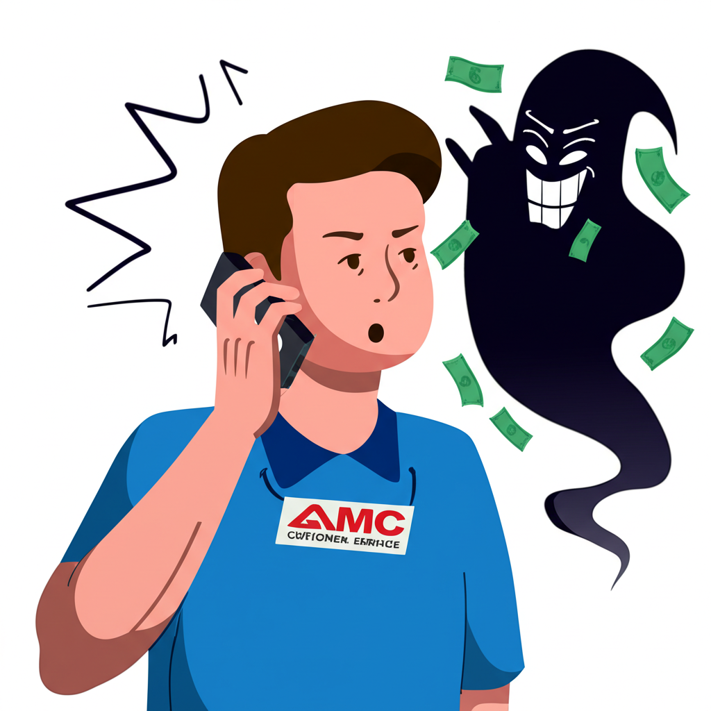 插畫描繪一名困惑的民眾接到未知來電，對方假冒AMC客服，試圖誘騙其落入金錢損失的陷阱