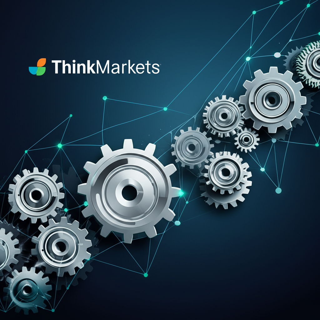 成長趨勢圖搭配齒輪與全球網絡連結，象徵ThinkMarkets在技術、全球擴張與創新上的策略投資，推動持續成長