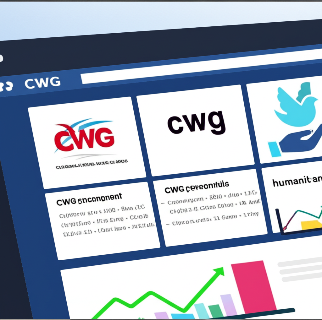 搜尋引擎結果頁面示意圖，顯示『CWG』查詢後出現企業標誌、金融走勢圖與人道援助符號等不同類型的內容區塊，反映多元搜尋結果