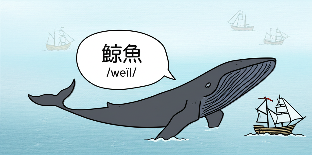 友善的大鯨魚口中浮現中文翻譯「鯨魚」與發音符號 /weɪl/,背景有歷史捕鯨船隻