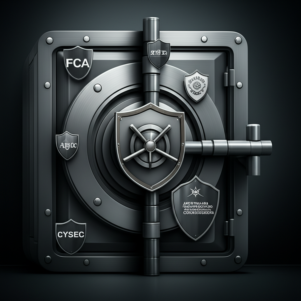 數位保險庫插圖，帶有FCA、ASIC、CySEC等多個監管盾牌，象徵ThinkMarkets對客戶資金的強大安全與合規保障