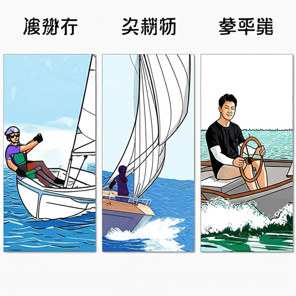 三組場景並列插圖：競技帆船、遠洋航行、休閒駕船，上方標示對應中文詞彙