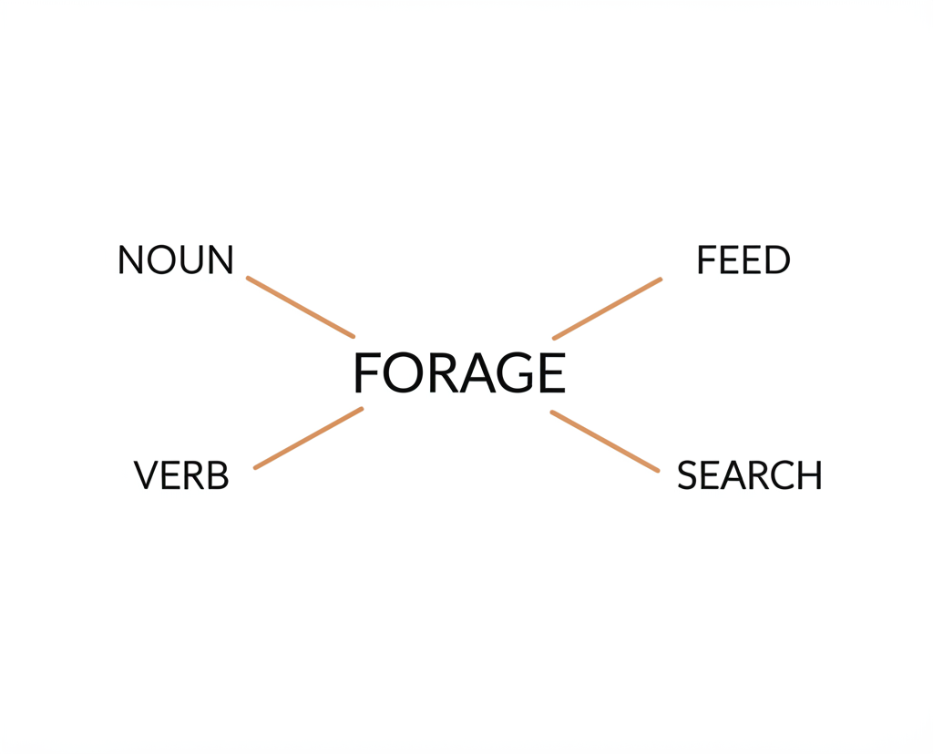插圖展現尋找與獲取資源的概念，中央為 forage 一詞，向外延伸出名詞形式如飼料，以及動詞形式如搜尋