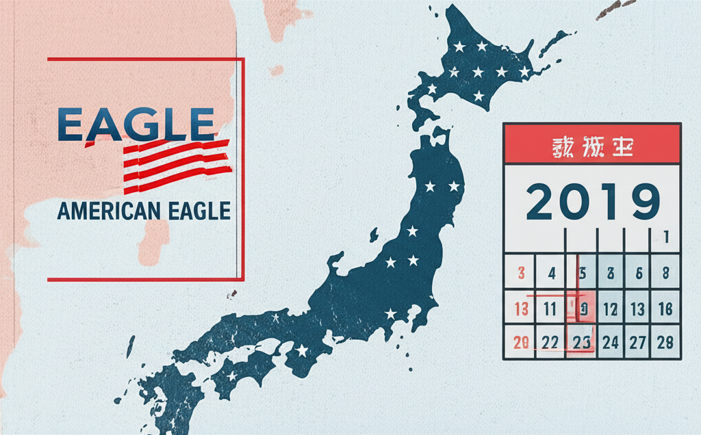 日本地圖上標示2019年時間點與逐漸褪色的American Eagle門市圖示，凸顯區域性撤退事件如何引發全球誤解