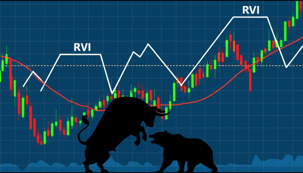 RVI指標疊加於蠟燭圖上的金融場景示意圖