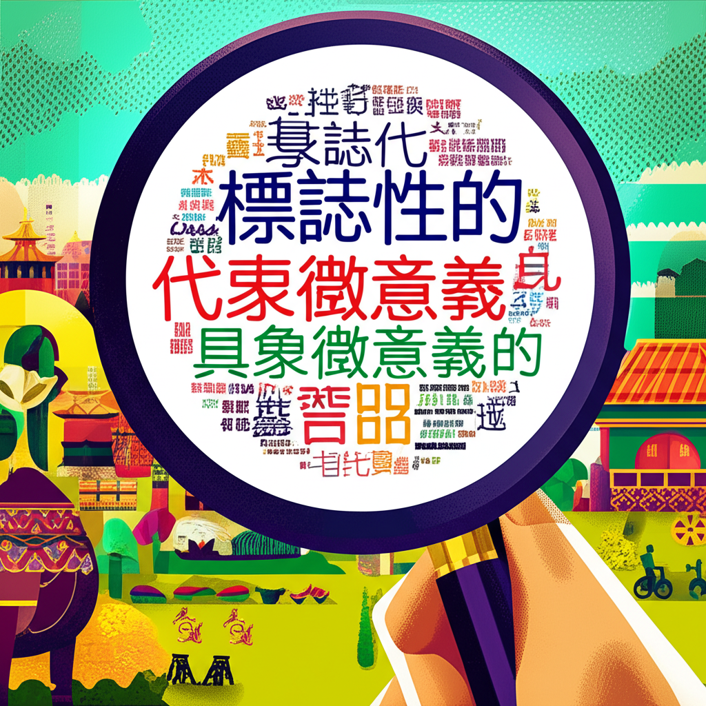插畫顯示一人手持放大鏡檢視包含標誌性的、代表性的、具象徵意義的等中文字詞的詞彙氣泡，背景為多元文化場景，象徵精準的語言理解