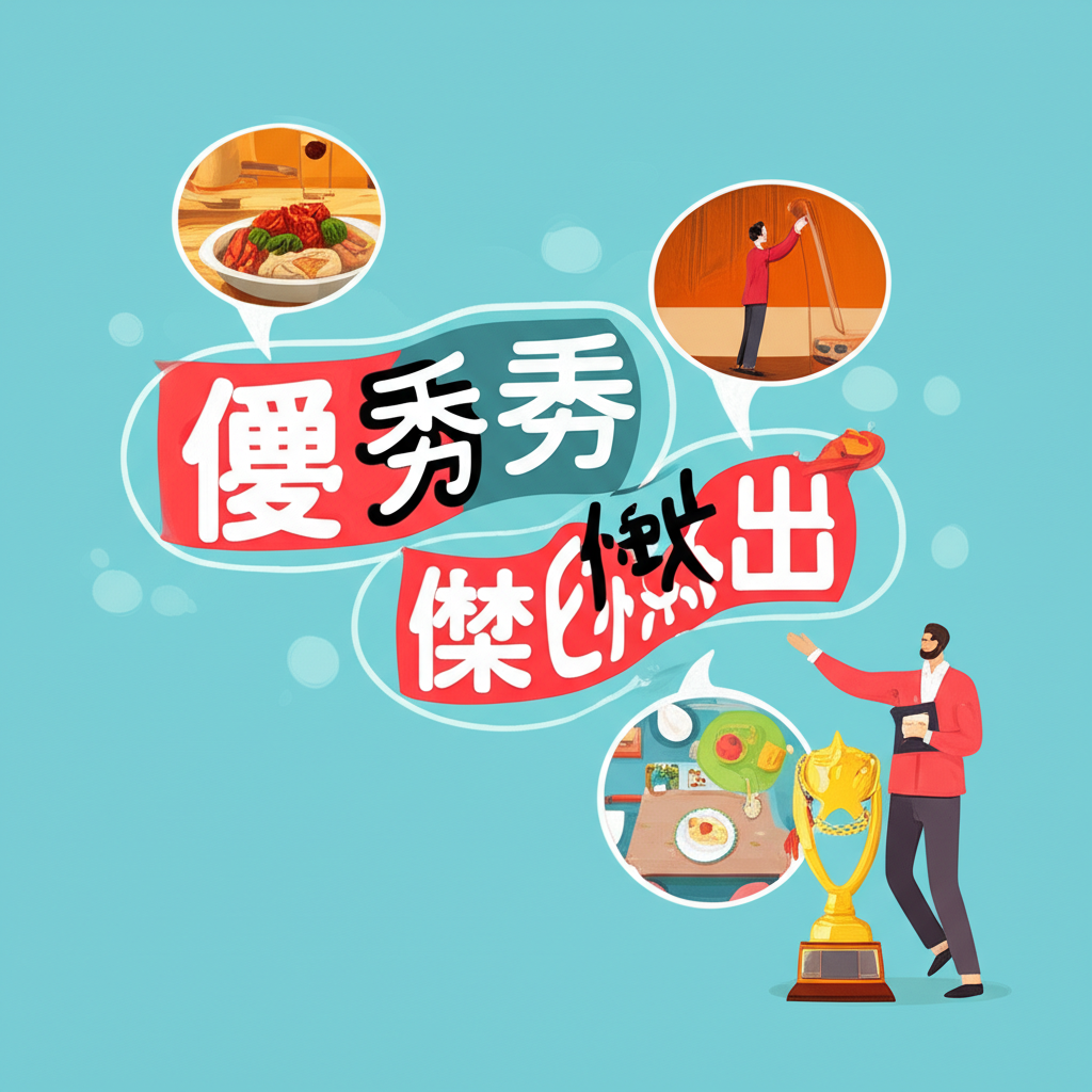 excellent一詞轉化為優秀、傑出、卓越等中文詞彙，並搭配美食、表演等情境對話框