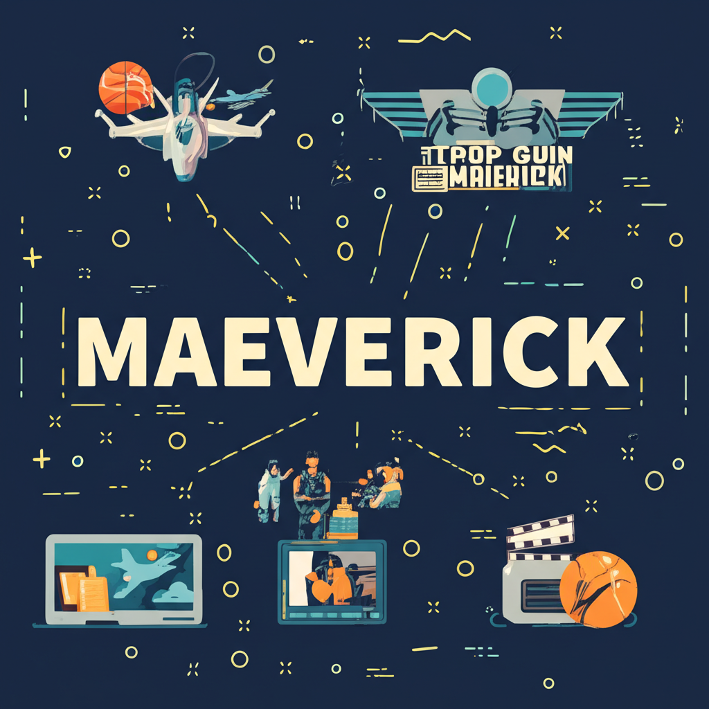 插畫：概念旅程呈現Maverick的多重面向，連結語言根源、發音、定義、達拉斯獨行俠隊與捍衛戰士角色，融合學習、運動與電影元素