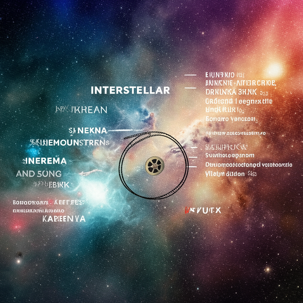 星際概念插畫：宇宙星雲與電影膠卷交織，呈現《星際效應》多語片名