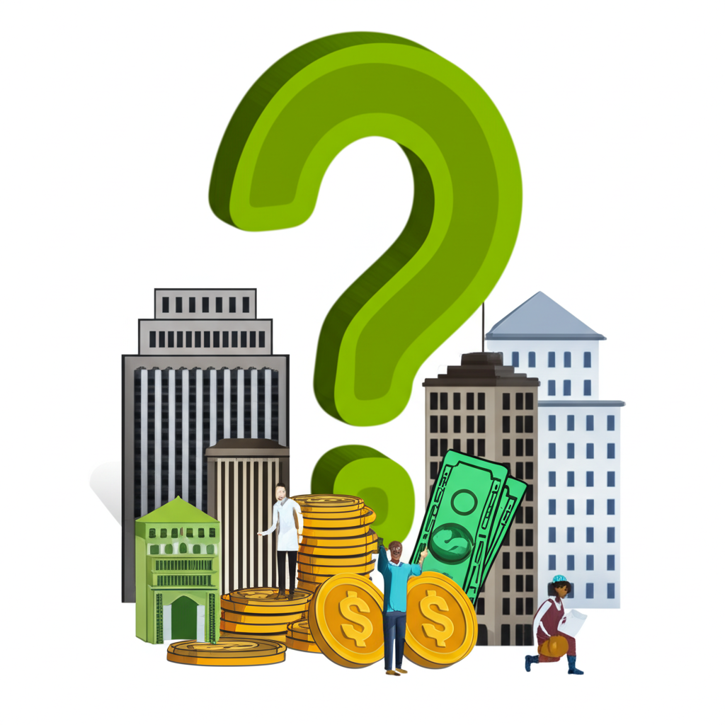 資產的多元意義圖解:建築、金錢、人物與問號,象徵asset在不同領域的豐富詮釋