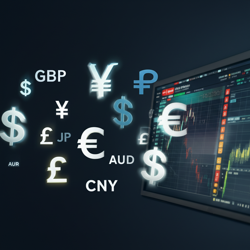 各種國際貨幣符號如USD JPY EUR GBP HKD CNY AUD SGD 環繞數位螢幕，顯示DBS銀行即時市場更新