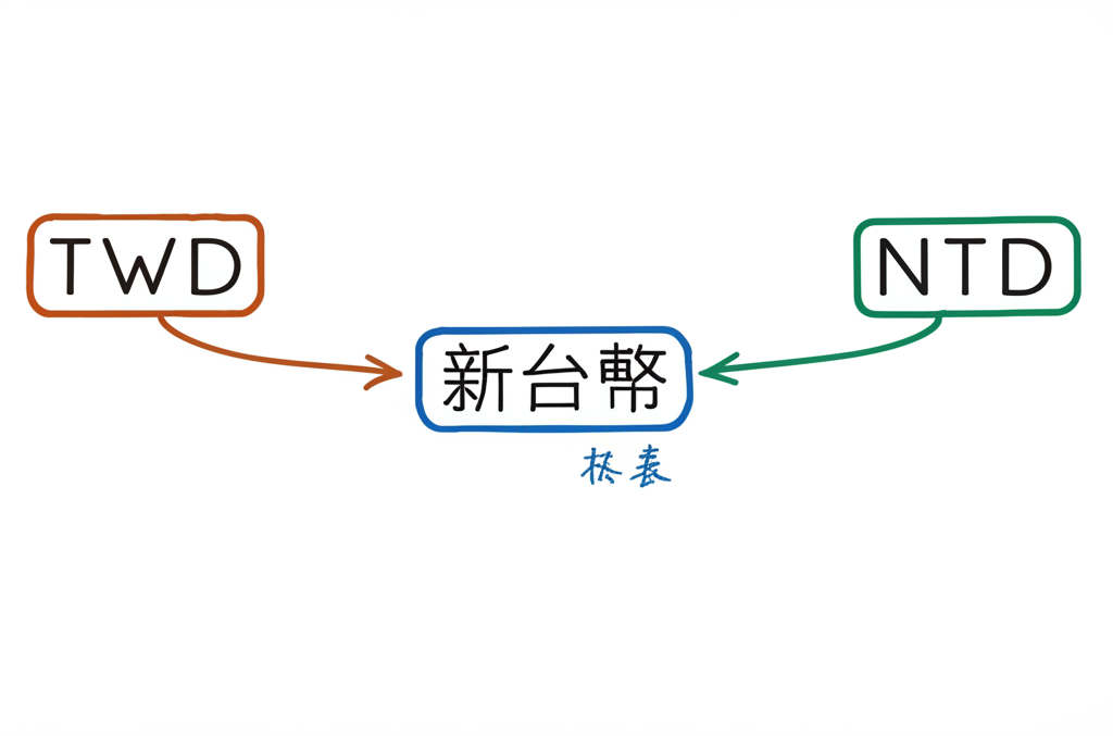 TWD、NTD和新台幣關係的圖示，顯示官方、非官方和全稱的角色