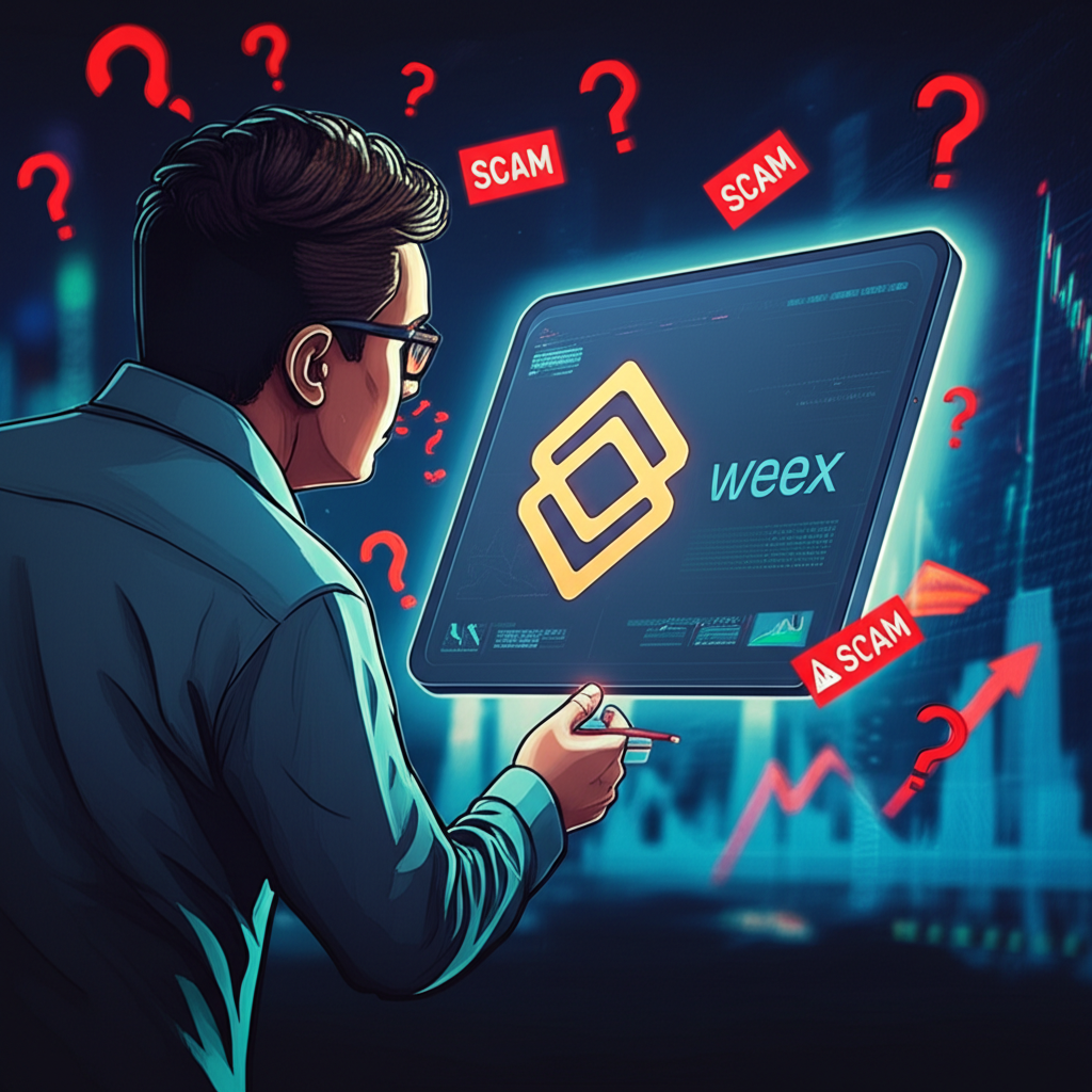 憂心的投資者盯著顯示Weex標誌與詐騙警訊的加密貨幣交易平台介面