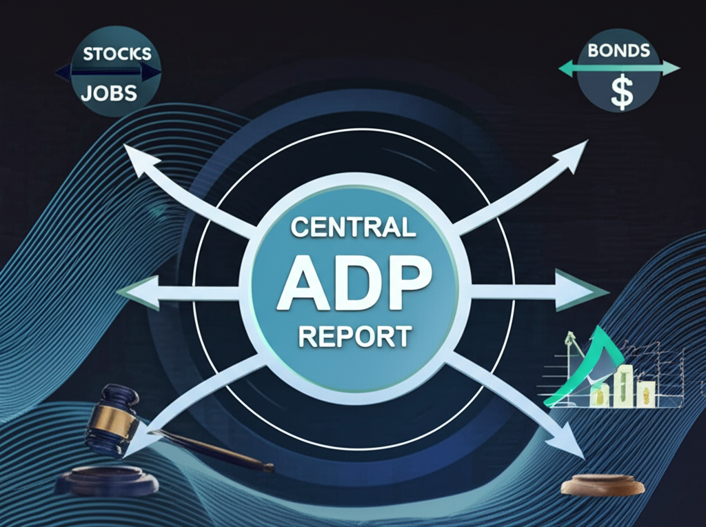 Financial markets reacting to ADP report with arrows showing impacts on stocks, forex, bonds, and Fed policy