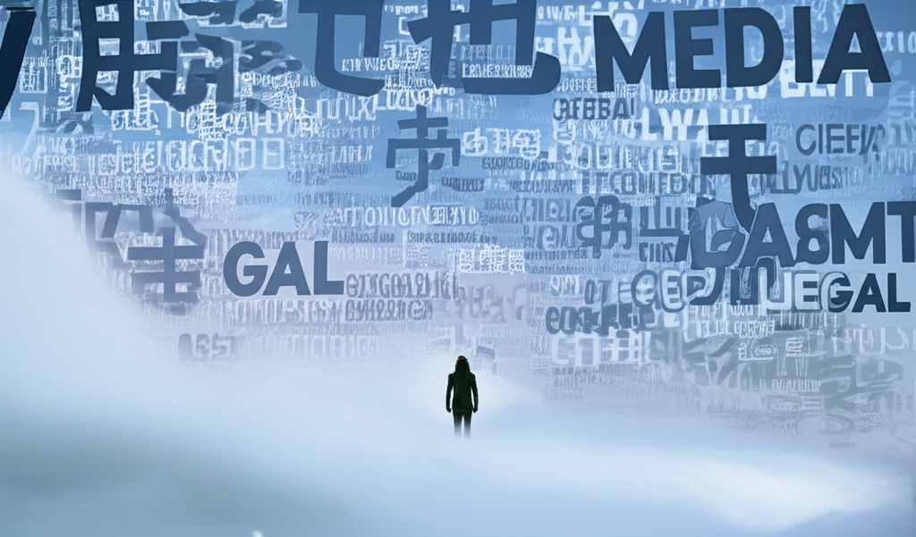一個人站在英文和中文詞彙的漩渦霧氣中,代表guardian在法律、媒體、流行文化和全球語境中的神秘