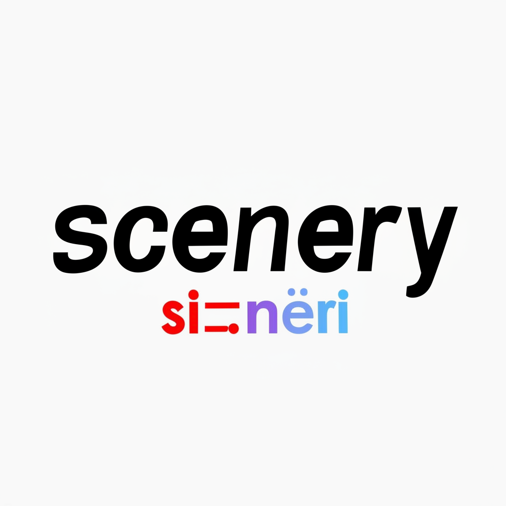 插畫說明scenery的國際音標siːnəri，標示音節重音與母音發音方式